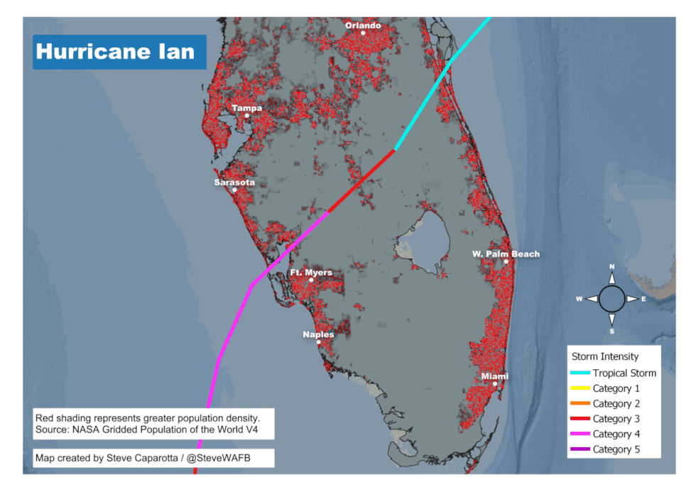 Major hurricane tracks since 2017 overlaid on population density data. Areas shaded in red have...