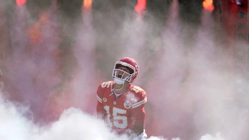 Kansas City Chiefs quarterback Patrick Mahomes is introduced before the start of an NFL...