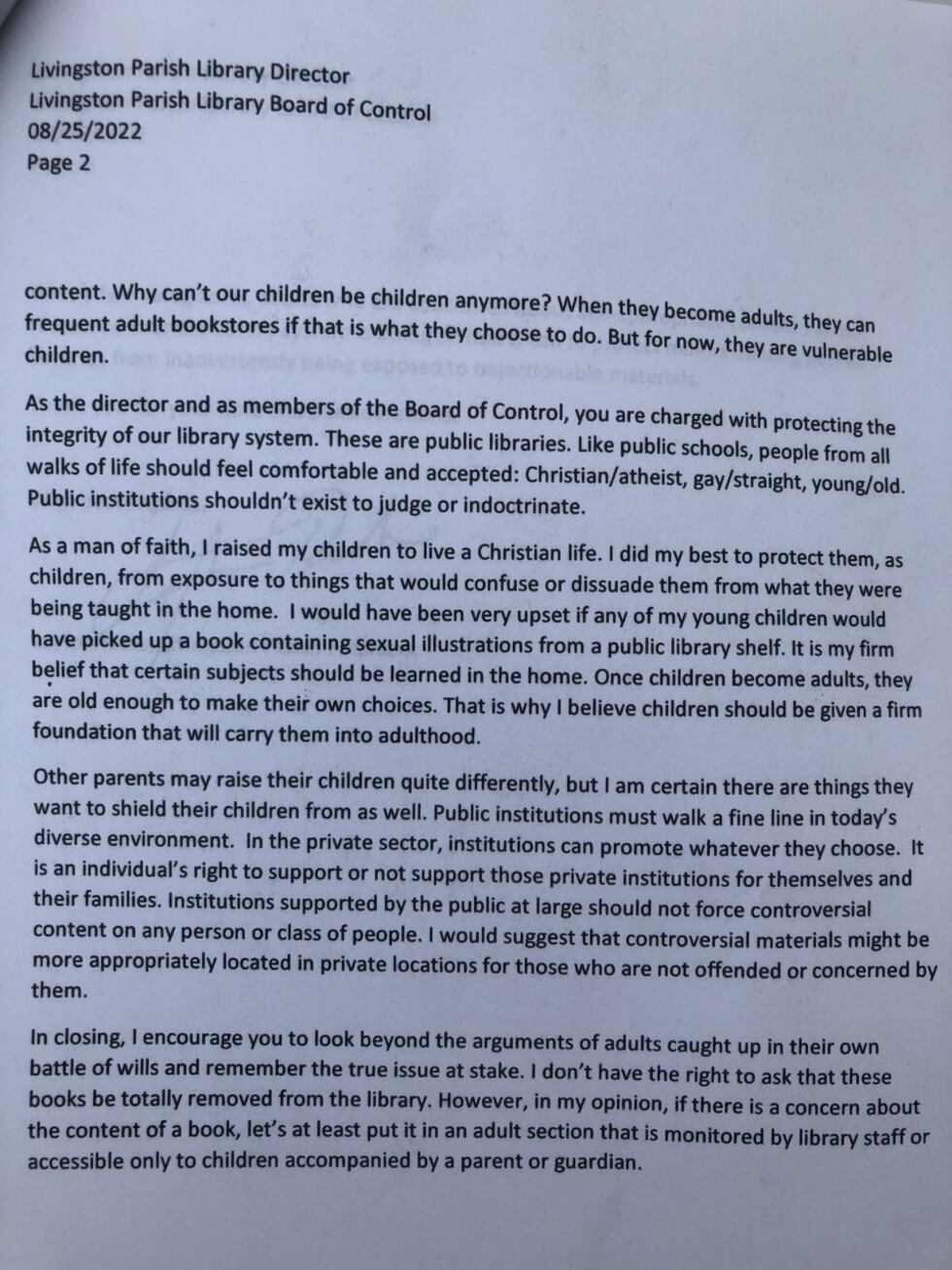 Letter from Livingston Parish President Layton Ricks to Livingston Parish Library Director