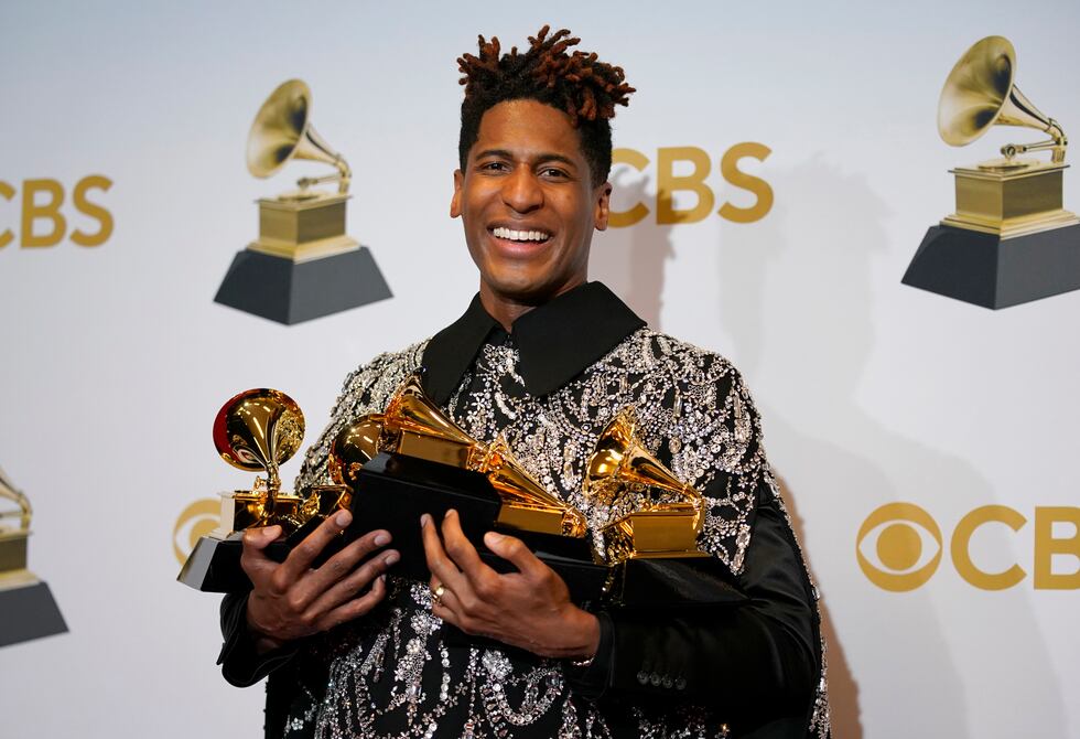 Jon Batiste, winner of the awards for best American roots performance for "Cry," best American...