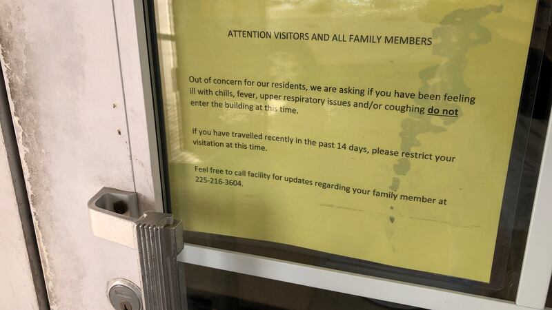Sign posted on the door at St. Clare Manor Nursing Home in Baton Rouge
