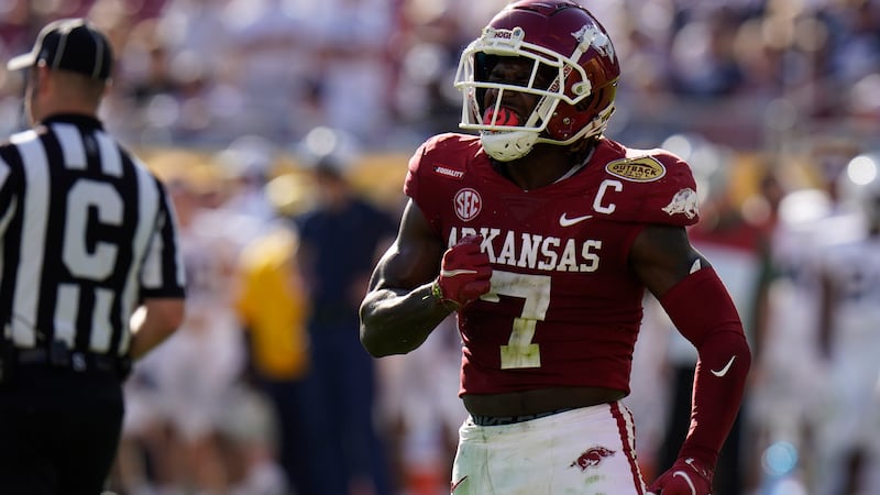 Arkansas defensive back Joe Foucha after a stop against Penn State during the second half of...