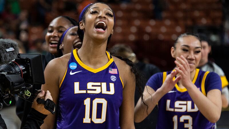 LSU's Angel Reese (10) celebrates the team's win over Utah in a Sweet 16 college basketball...