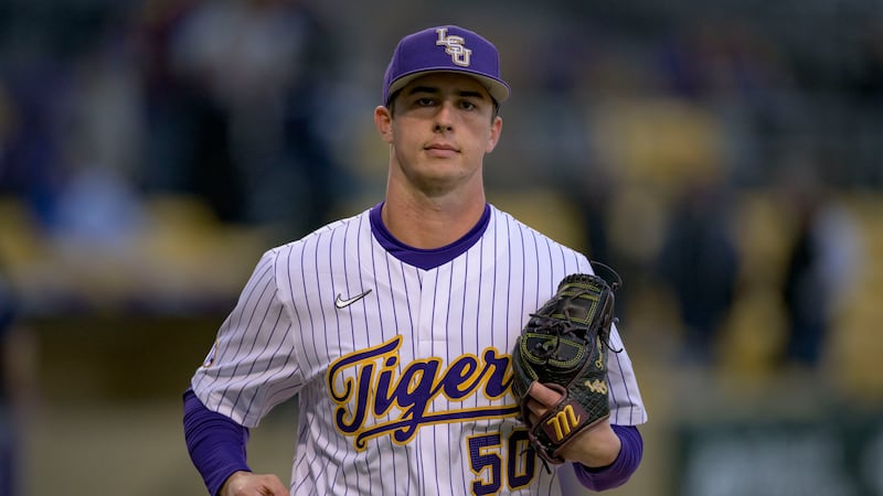 LSU pitcher Grant Taylor (50) runs during an NCAA baseball game against Maine on Friday, Feb....