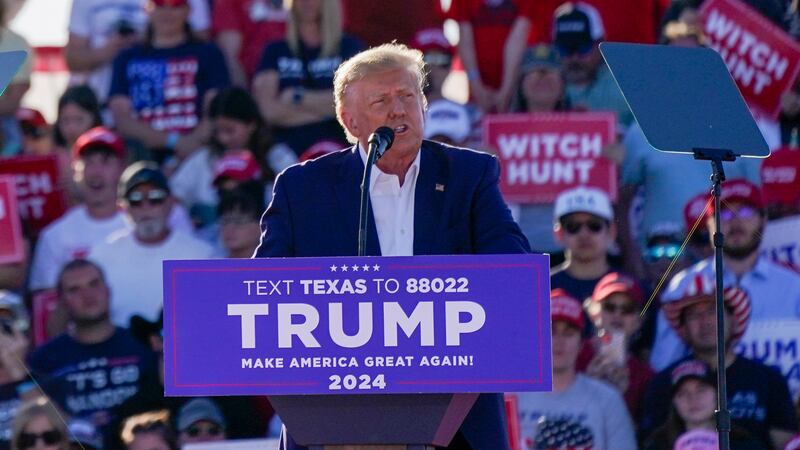 Former President Donald Trump speaks at a campaign rally at Waco Regional Airport Saturday,...