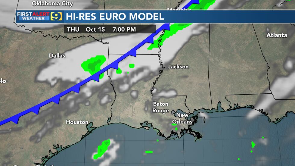 Euro model forecast valid at 7 p.m. Thursday, Oct. 15. A strong cold front is expected to move...