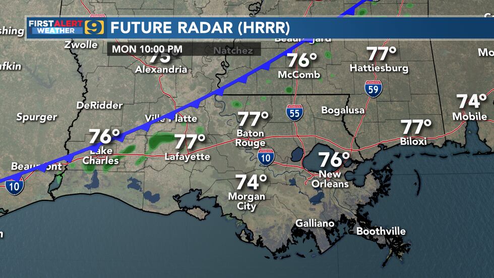 Future Radar (HRRR model) valid at 10 p.m. Monday showing an approaching cold front and the...
