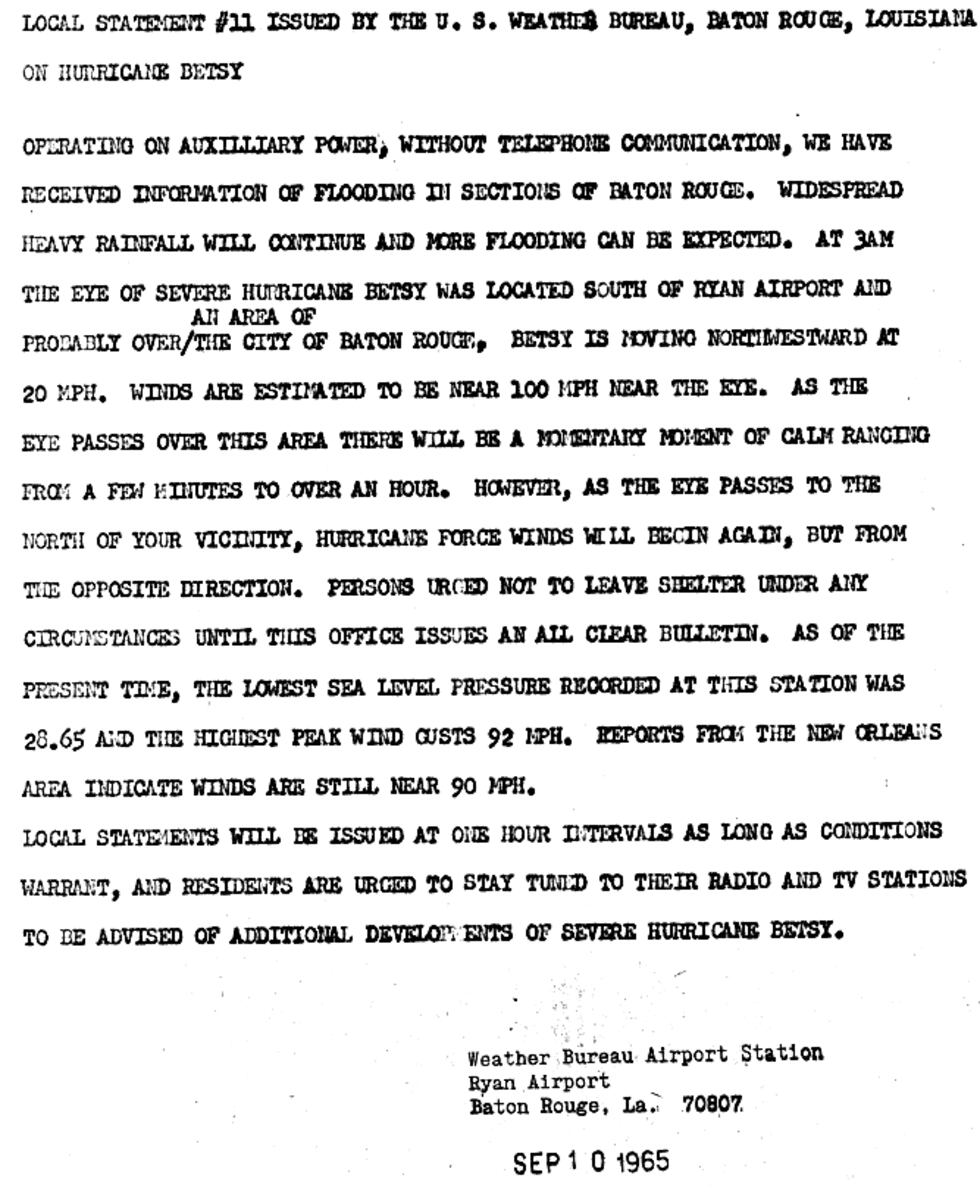 A statement issued by the Baton Rouge office of the U.S. Weather Bureau at 3 a.m. on Sept. 10,...