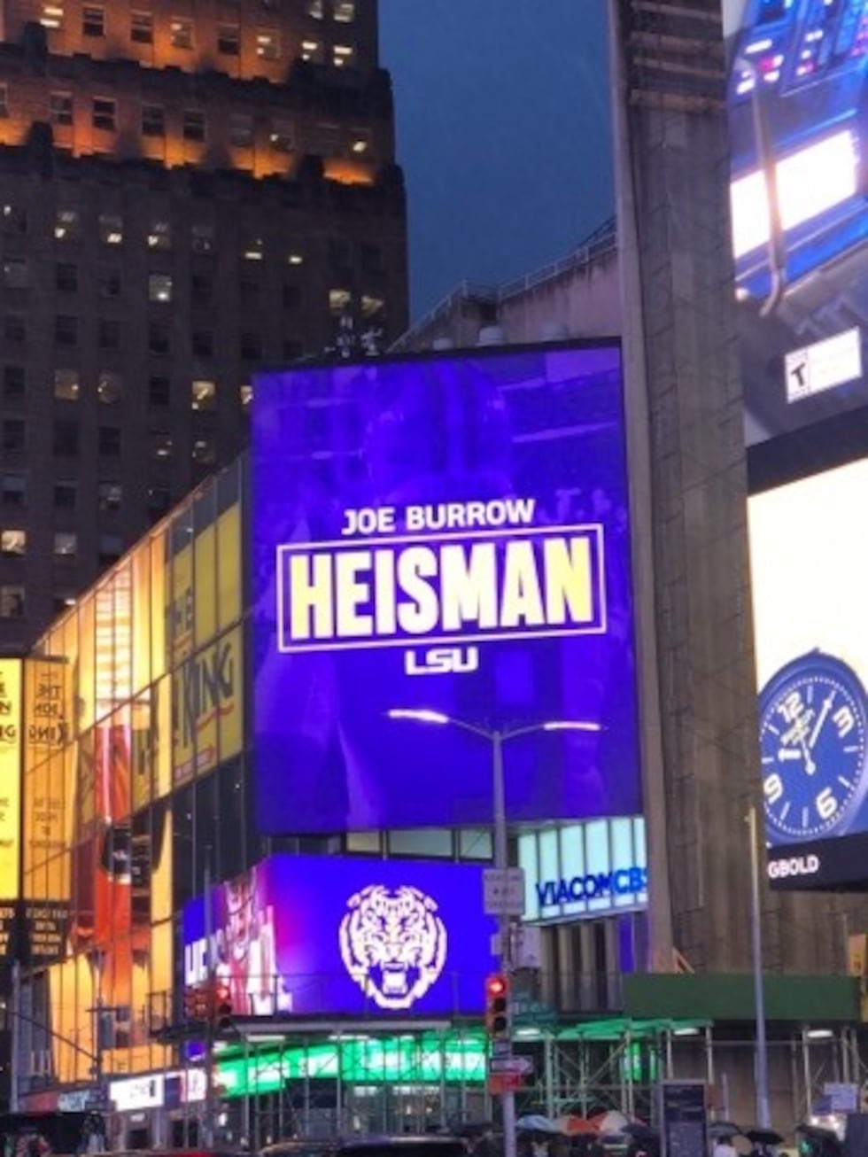Joe Burrow for Heisman sign in Time Square.