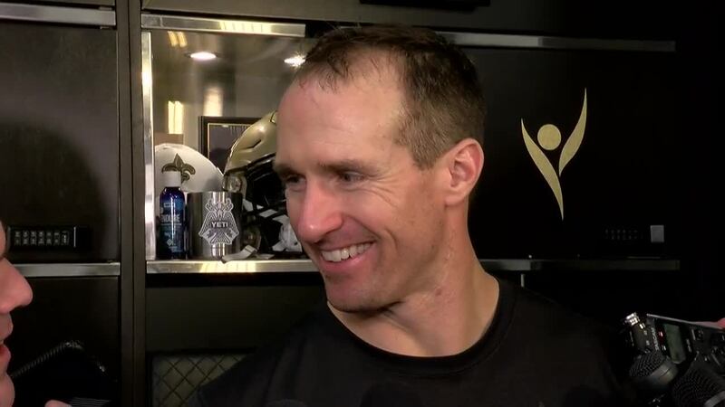 Drew Brees talks to the media before facing off aginst the Panthers on Monday Night Football