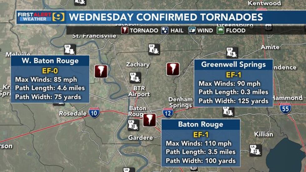 Three total tornadoes have been confirmed by the NWS, in connection with storms near the Baton...