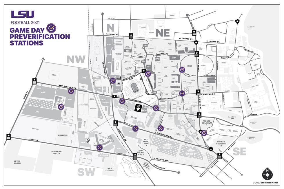 A map of LSU's 12 preverification sites for entry into Tiger Stadium.