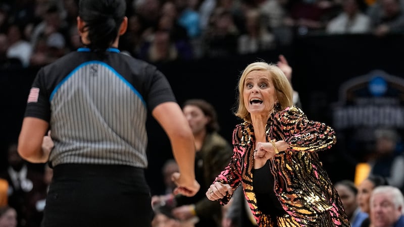 LSU head coach Kim Mulkey reactys during the second half of the NCAA Women's Final Four...