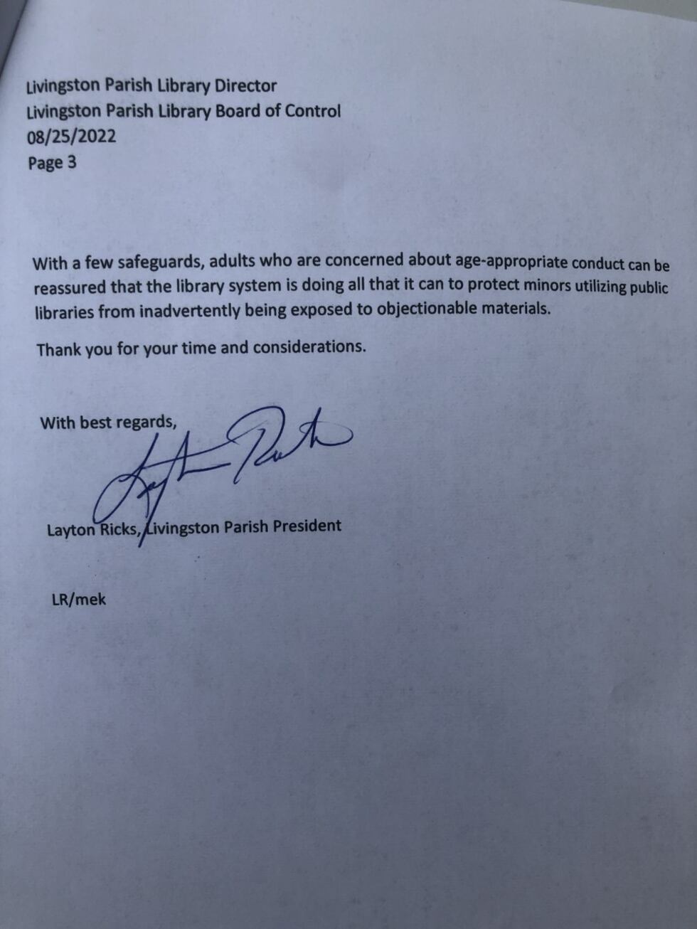 Letter from Livingston Parish President Layton Ricks to Livingston Parish Library Director