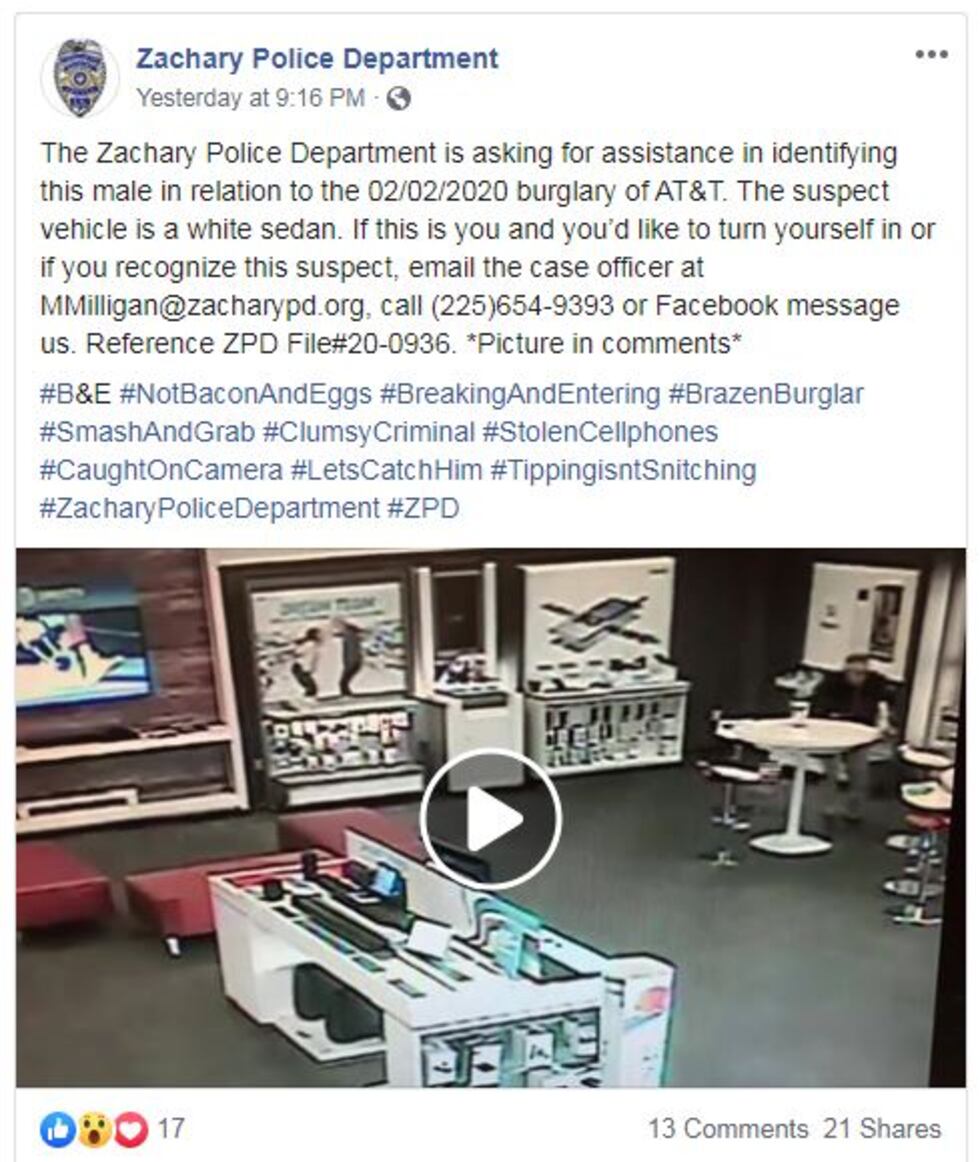 The Zachary Police Department frequently uses colorful hashtags in its posts on Facebook.